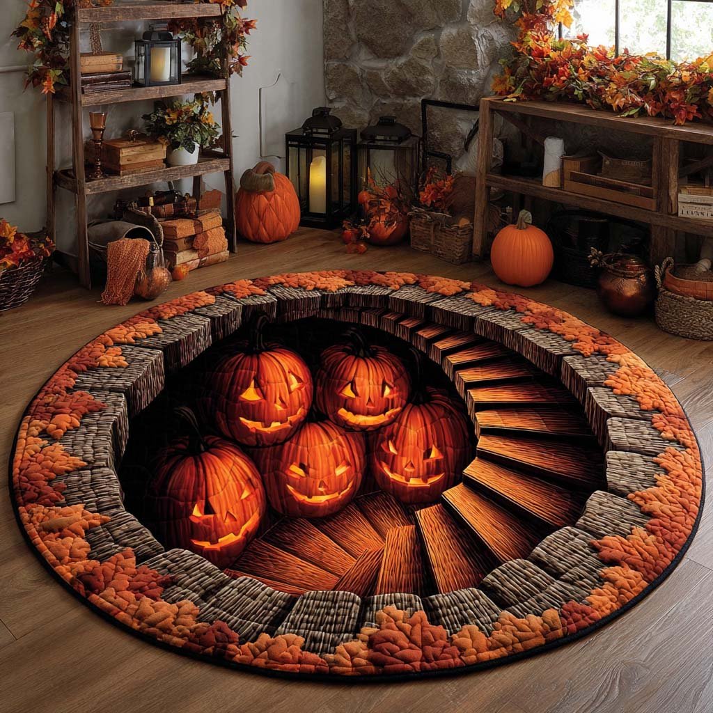 Pumpkin Staircase Illusion Halloween Round Mat Rug - Non-Slip Washable Round Area Rug for Bedroom & Living Room