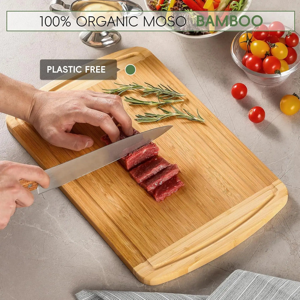Large Wooden Cutting Board for Kitchen Meal Prep & Serving - Bamboo Cutting Board with Juice Groove & Side Handles, Charcuterie