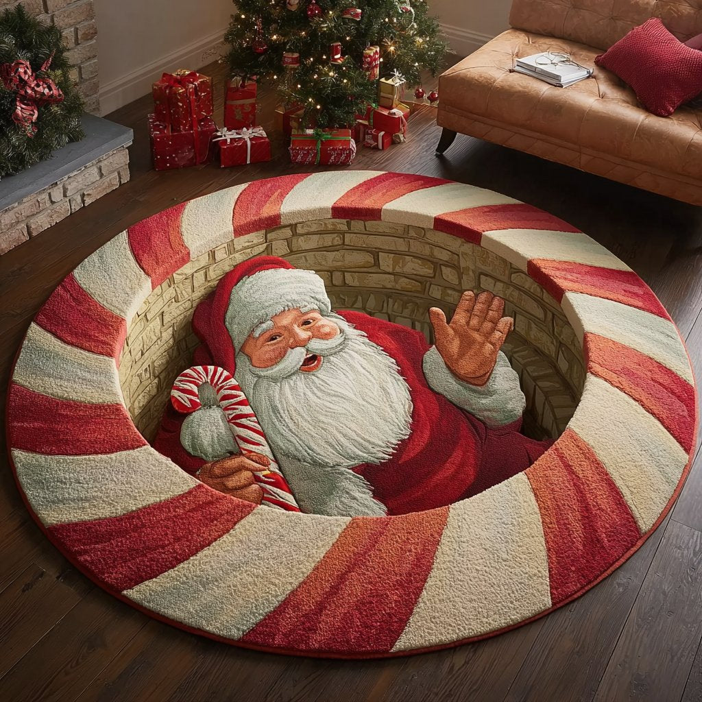 Santa Glow Christmas Round Mat Rug - Non-Slip Washable Round Area Rug for Bedroom & Living Room (Design 2)