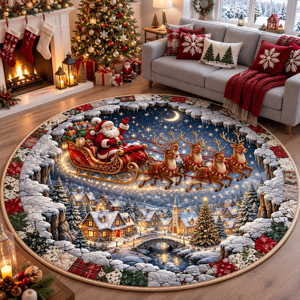 Santa Midnight Flight Round Mat Rug - Seasonal Design | Festive Home Decor