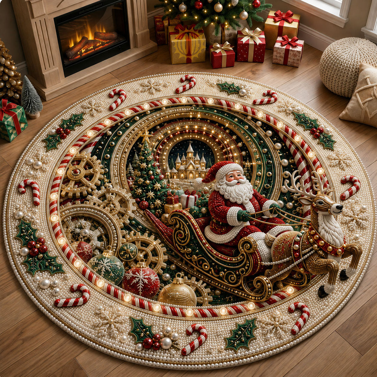 Santa Sleigh Magic Round Mat Rug - Seasonal Design | Festive Home Decor