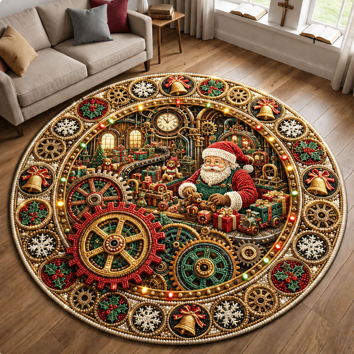 Santa Toy Workshop Round Mat Rug - Seasonal Design | Festive Home Decor