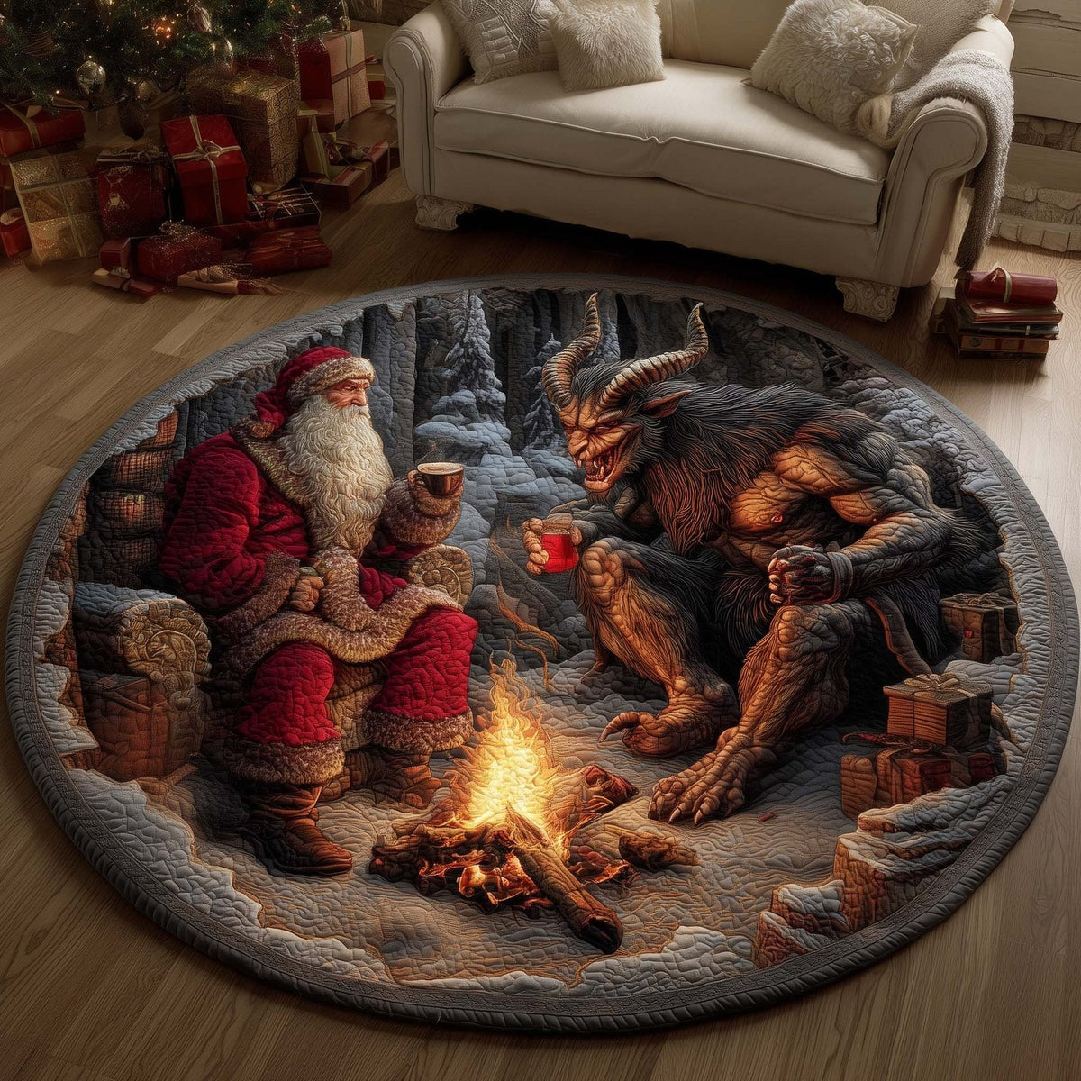 Santa and Krampus Christmas Round Mat Rug - Non-Slip Washable Round Area Rug for Bedroom & Living Room (Design 4)