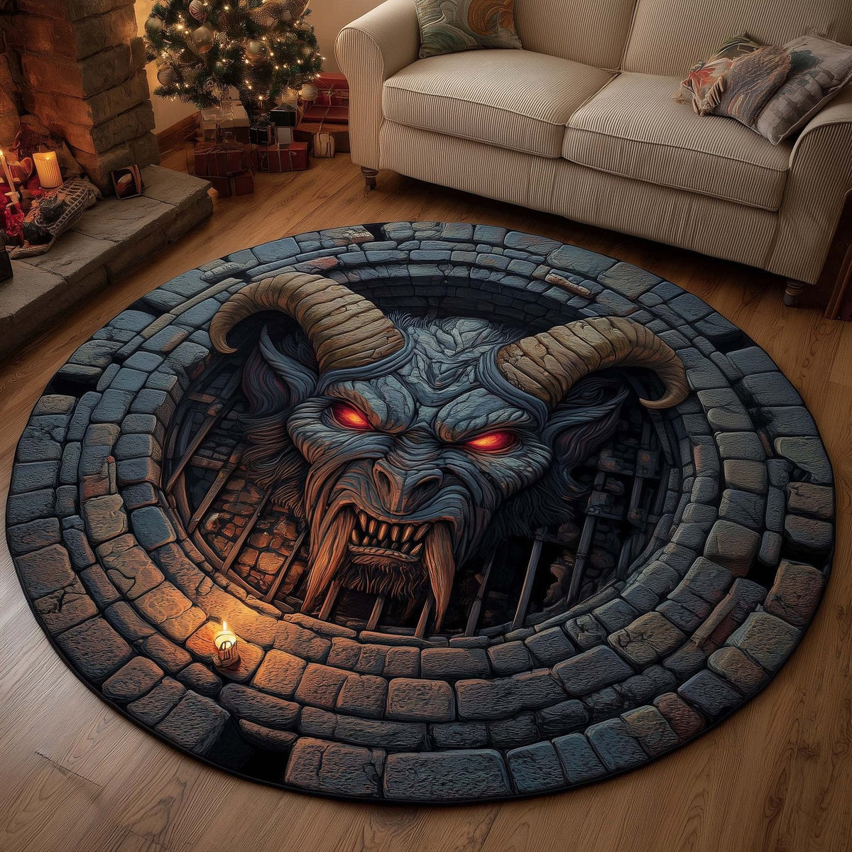 Santa and Krampus Christmas Round Mat Rug - Non-Slip Washable Round Area Rug for Bedroom & Living Room (Design 5)