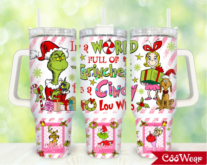 Pink Christmas Merry Christmas Cartoon Christmas 30oz or 40oz Stainless Steel Tumbler With Handle QDH
