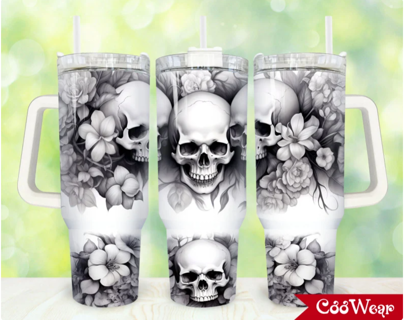 Black and white skull flowers Skulls and Flowers Skeleton 30oz or 40oz Stainless Steel Tumbler With Handle QDH