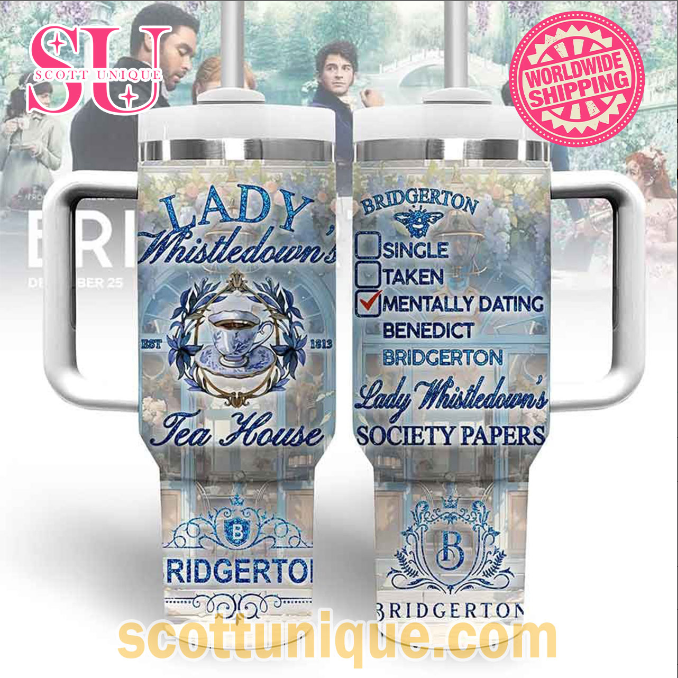 Lady Whistledown's Tea House Bridgerton Blue 30oz or 40oz Stainless Steel Tumbler With Handle QDH