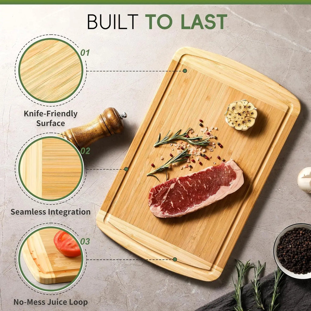 Large Wooden Cutting Board for Kitchen Meal Prep & Serving - Bamboo Cutting Board with Juice Groove & Side Handles, Charcuterie