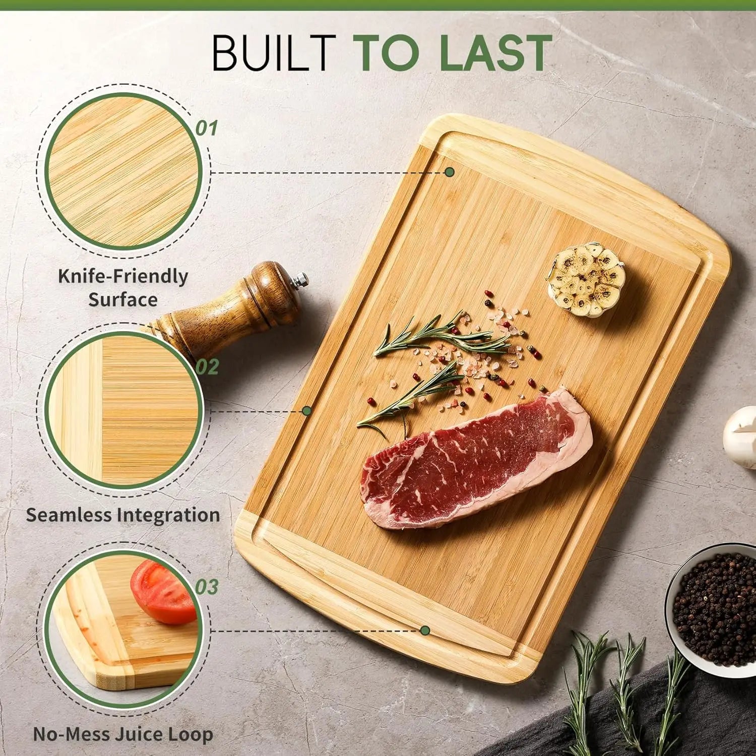 Large Wooden Cutting Board for Kitchen Meal Prep & Serving - Bamboo Cutting Board with Juice Groove & Side Handles, Charcuterie