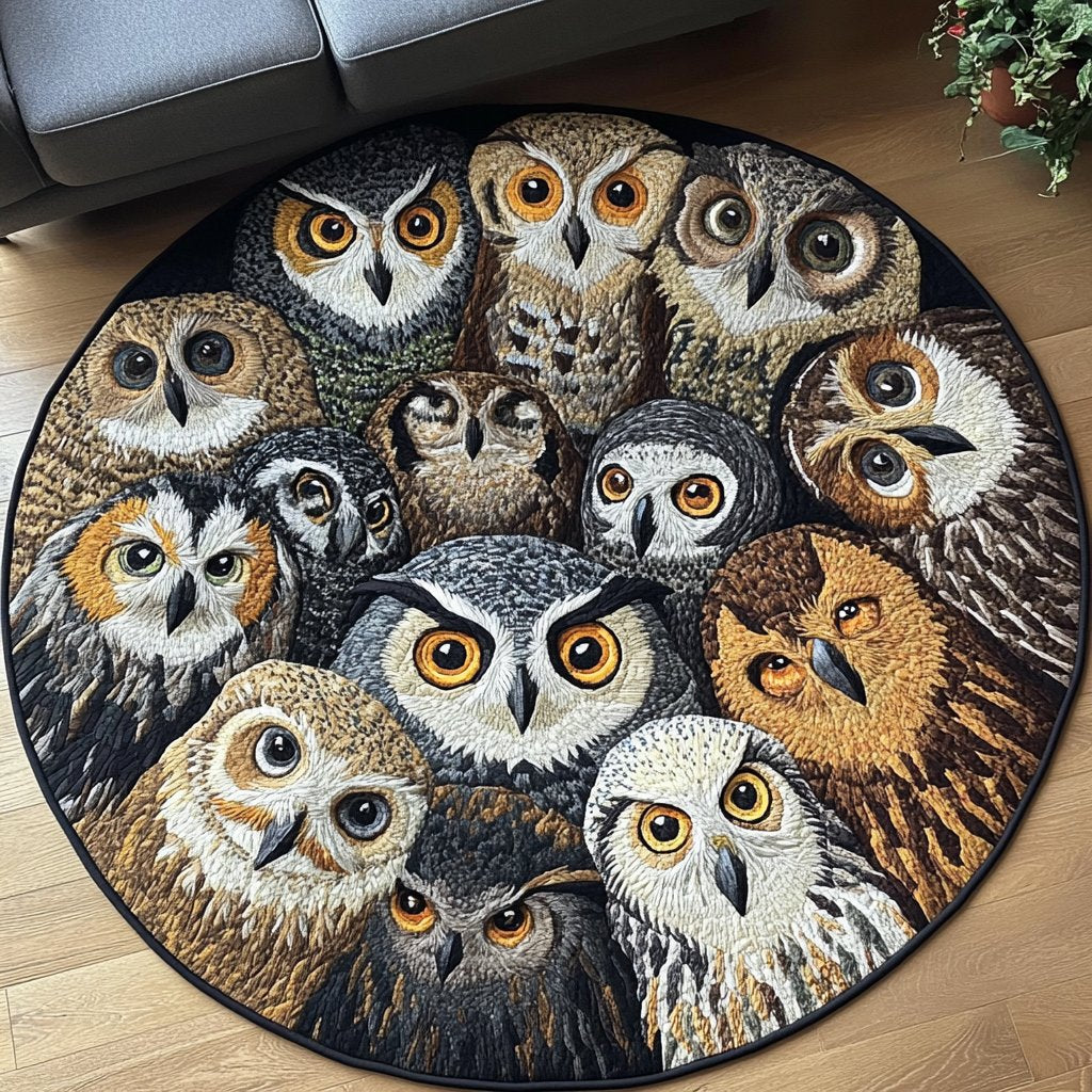 Silent Owl Round Mat Rug - Non-Slip Washable Round Area Rug for Bedroom & Living Room (Design 2)