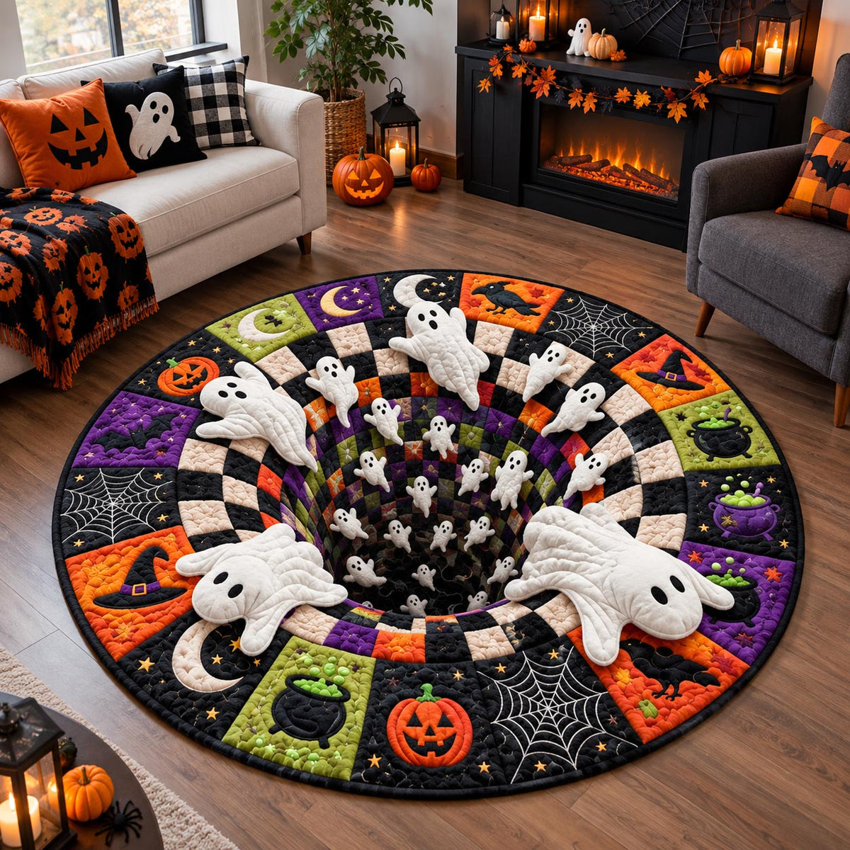 Spooky Ghost Vortex Round Mat Rug - Seasonal Design | Festive Home Decor