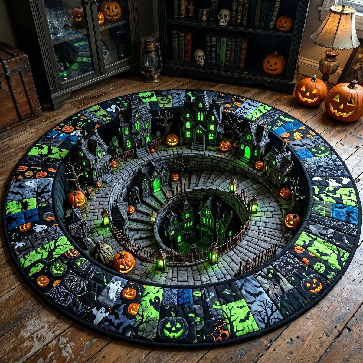 Spooky Village Halloween Round Mat Rug - Non-Slip Washable Round Area Rug for Bedroom & Living Room (Design 5)