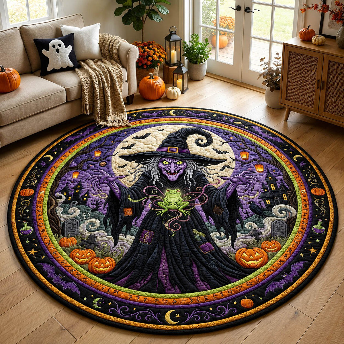 Spooky Witch Halloween Round Mat Rug - Non-Slip Washable Round Area Rug for Bedroom & Living Room (Design 3)
