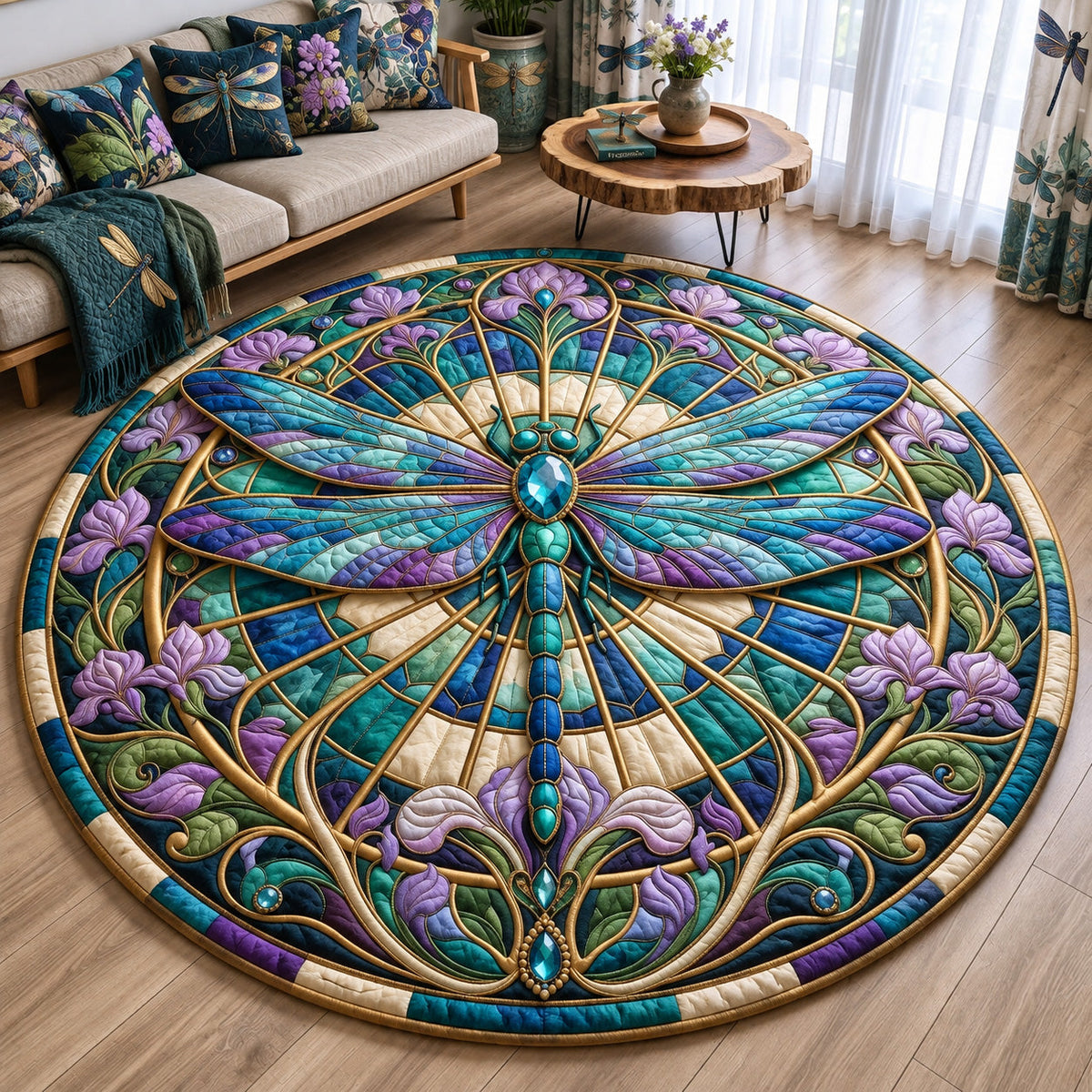 Stained Glass Dragonfly Round Mat Rug - Cute Animal Design | Charming Home Decor