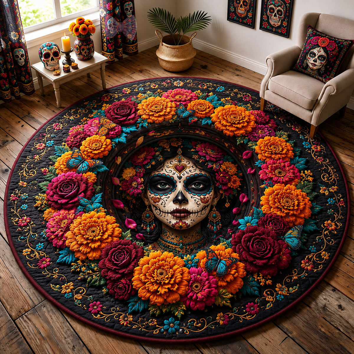 Sugar Skull Lady Round Mat Rug - Nature Design | Serene Home Decor