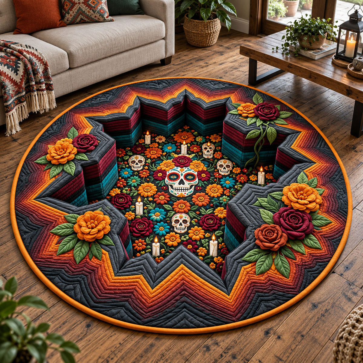 Sugar Skull Pit Round Mat Rug - Nature Design | Serene Home Decor