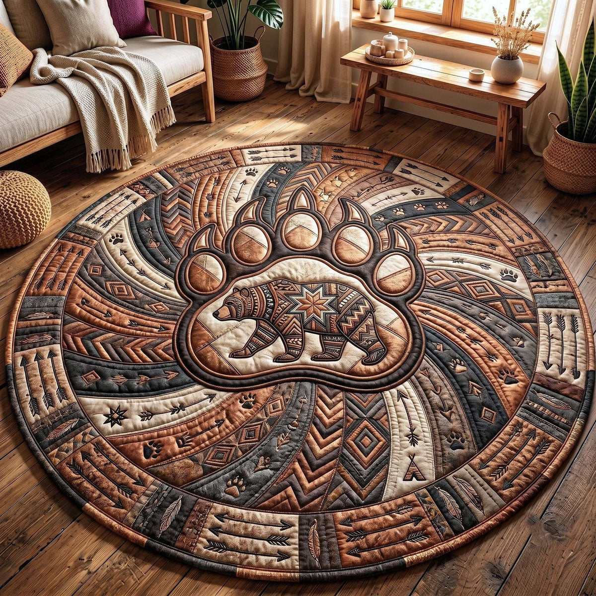 Tribal Bear Round Mat Rug - Non-Slip Washable Round Area Rug for Bedroom & Living Room (Design 2)
