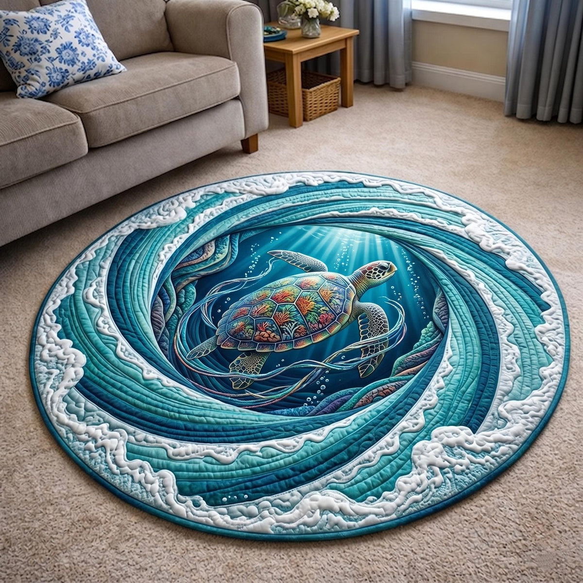 Turtle Drift Round Mat Rug - Non-Slip Washable Round Area Rug for Bedroom & Living Room (Design 3)