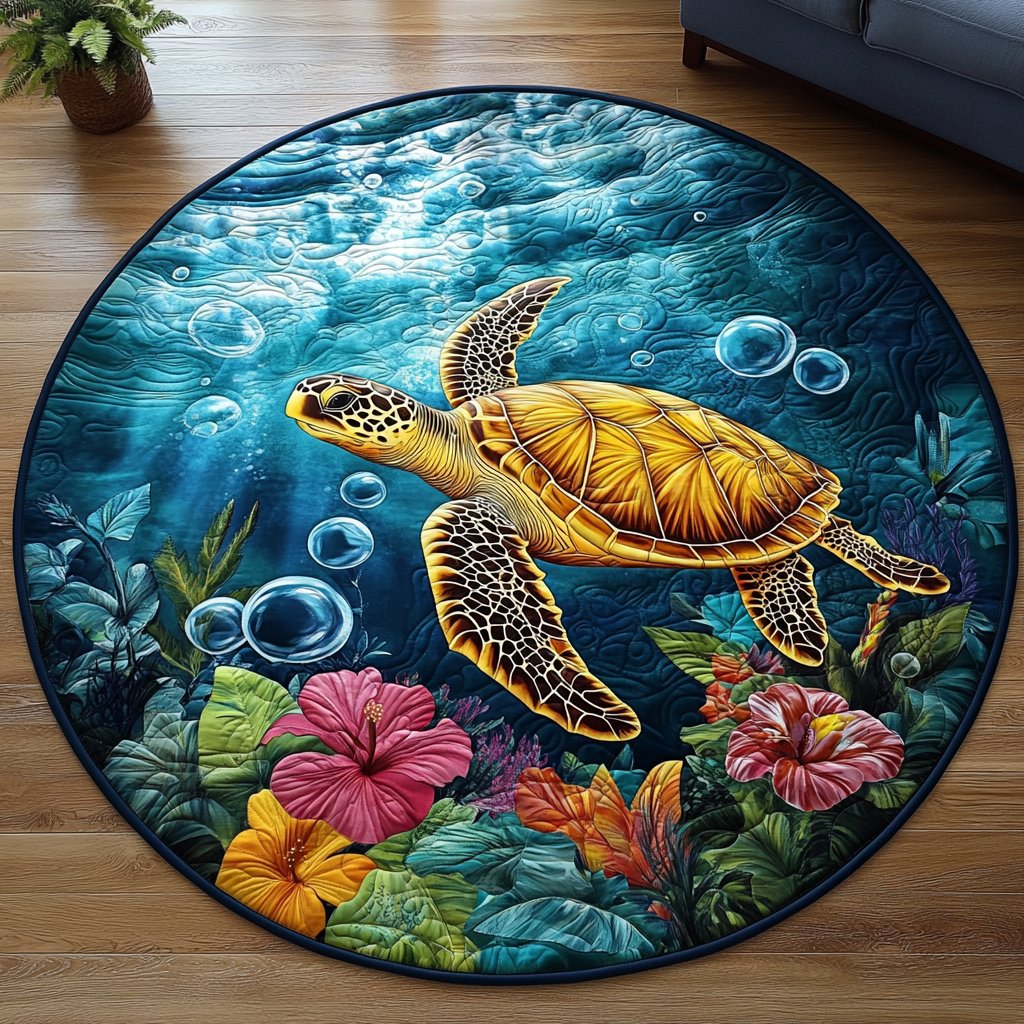 Turtle Haven Round Mat Rug - Non-Slip Washable Round Area Rug for Bedroom & Living Room (Design 4)