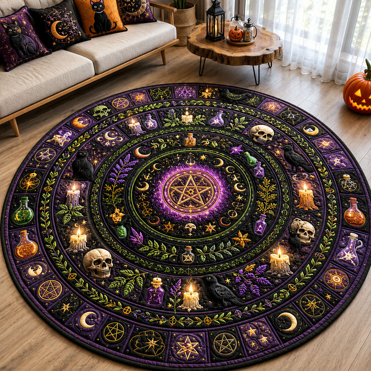 Witch Magic Circle Round Mat Rug - Seasonal Design | Festive Home Decor