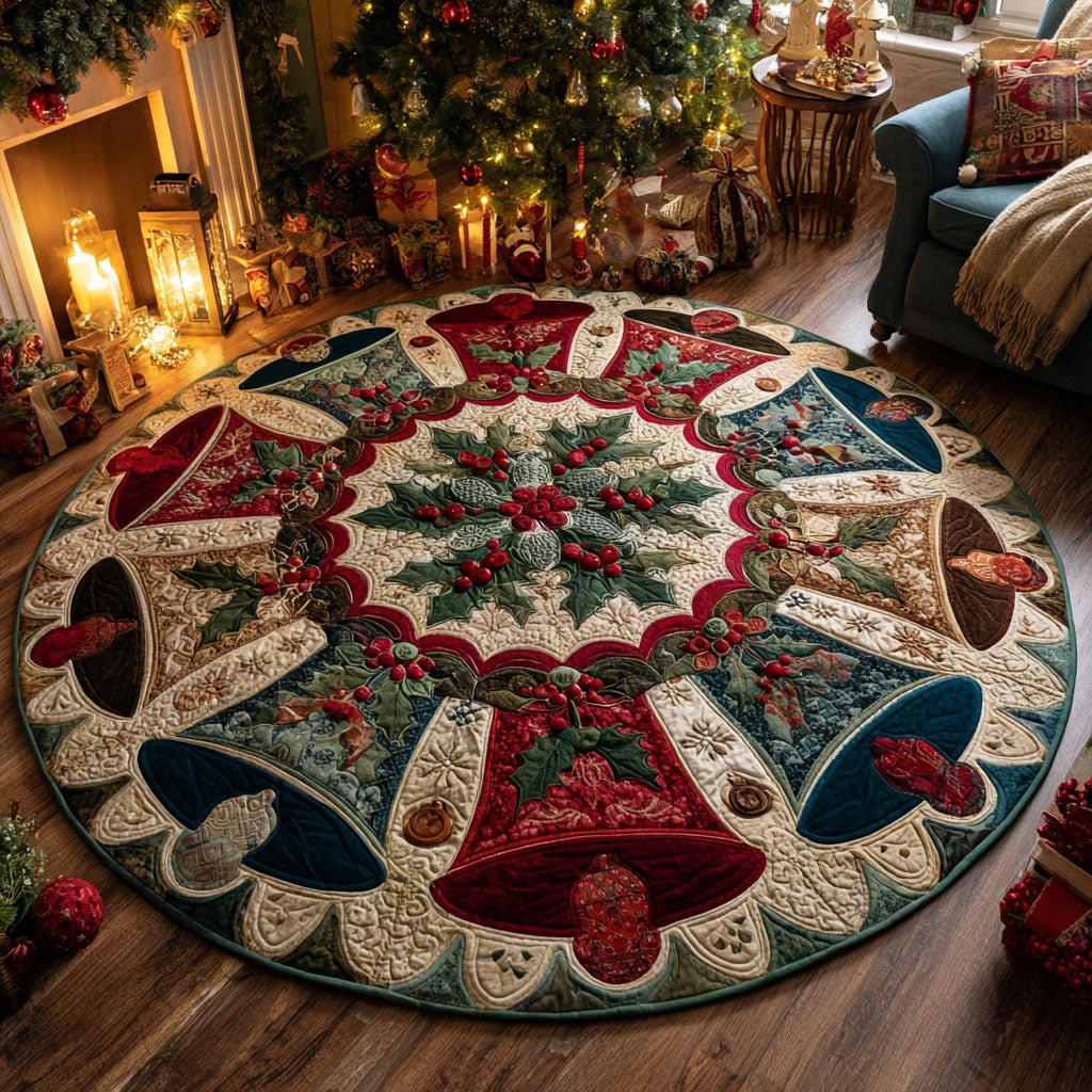 Yuletide Bells Christmas Round Mat Rug - Non-Slip Washable Round Area Rug for Bedroom & Living Room