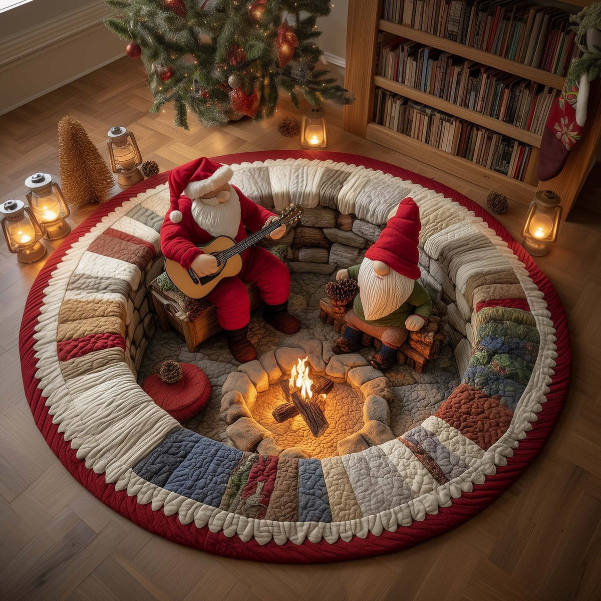 Yuletide Fireside Christmas Round Mat Rug - Non-Slip Washable Round Area Rug for Bedroom & Living Room (Design 7)