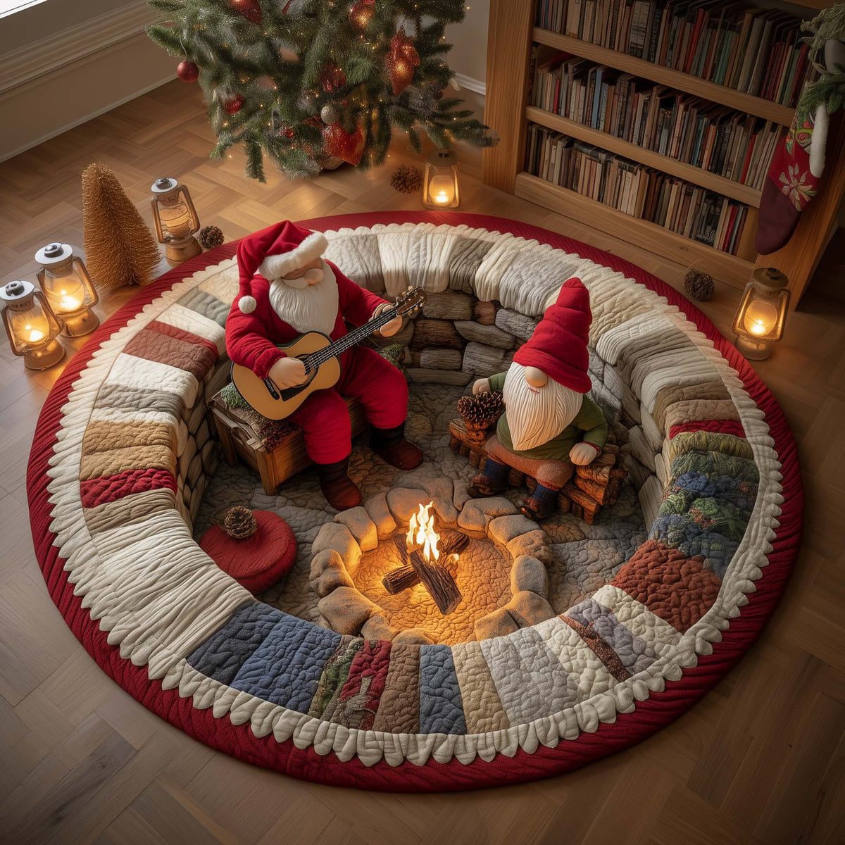 Yuletide Fireside Christmas Round Mat Rug - Non-Slip Washable Round Area Rug for Bedroom & Living Room (Design 5)