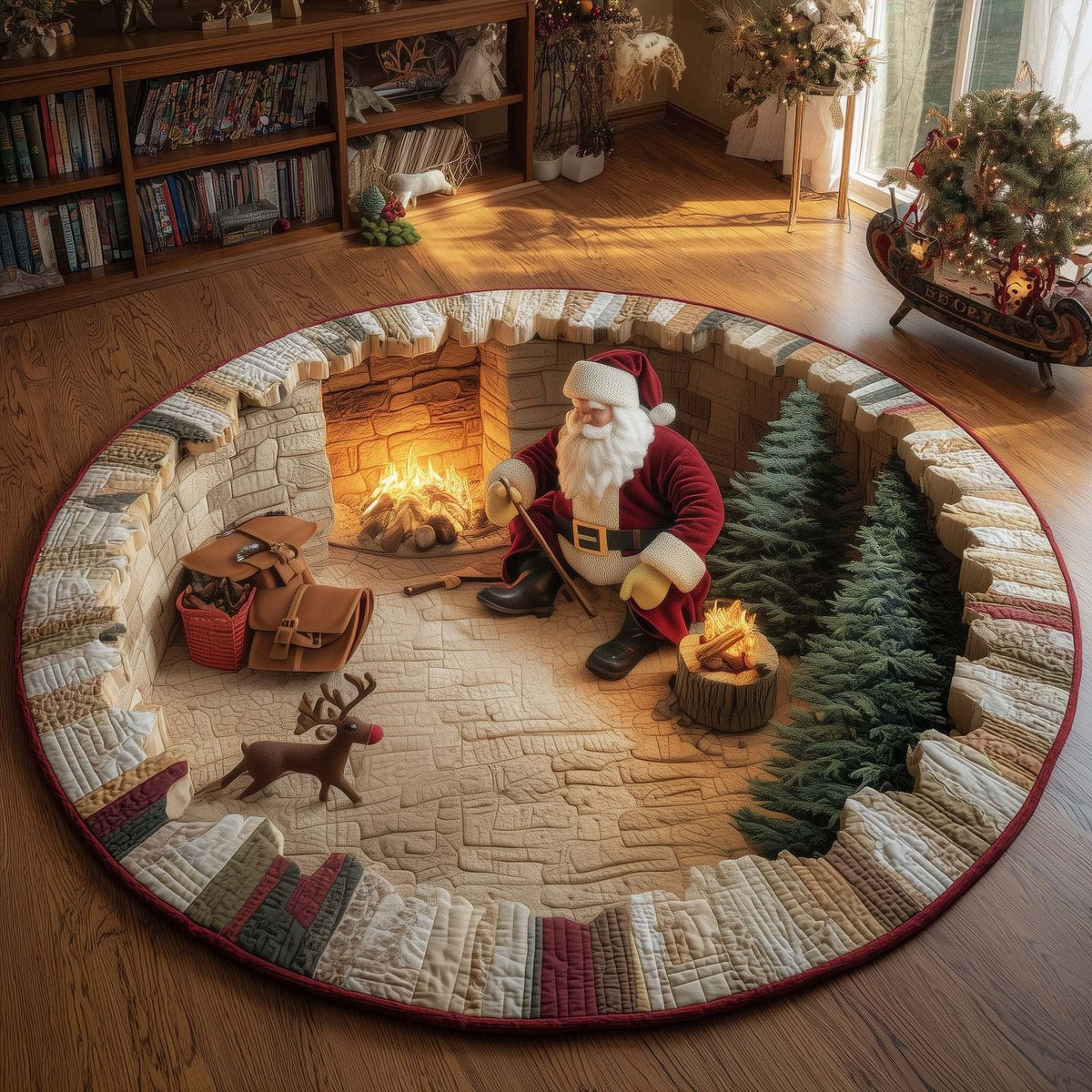 Yuletide Fireside Christmas Round Mat Rug - Non-Slip Washable Round Area Rug for Bedroom & Living Room (Design 8)