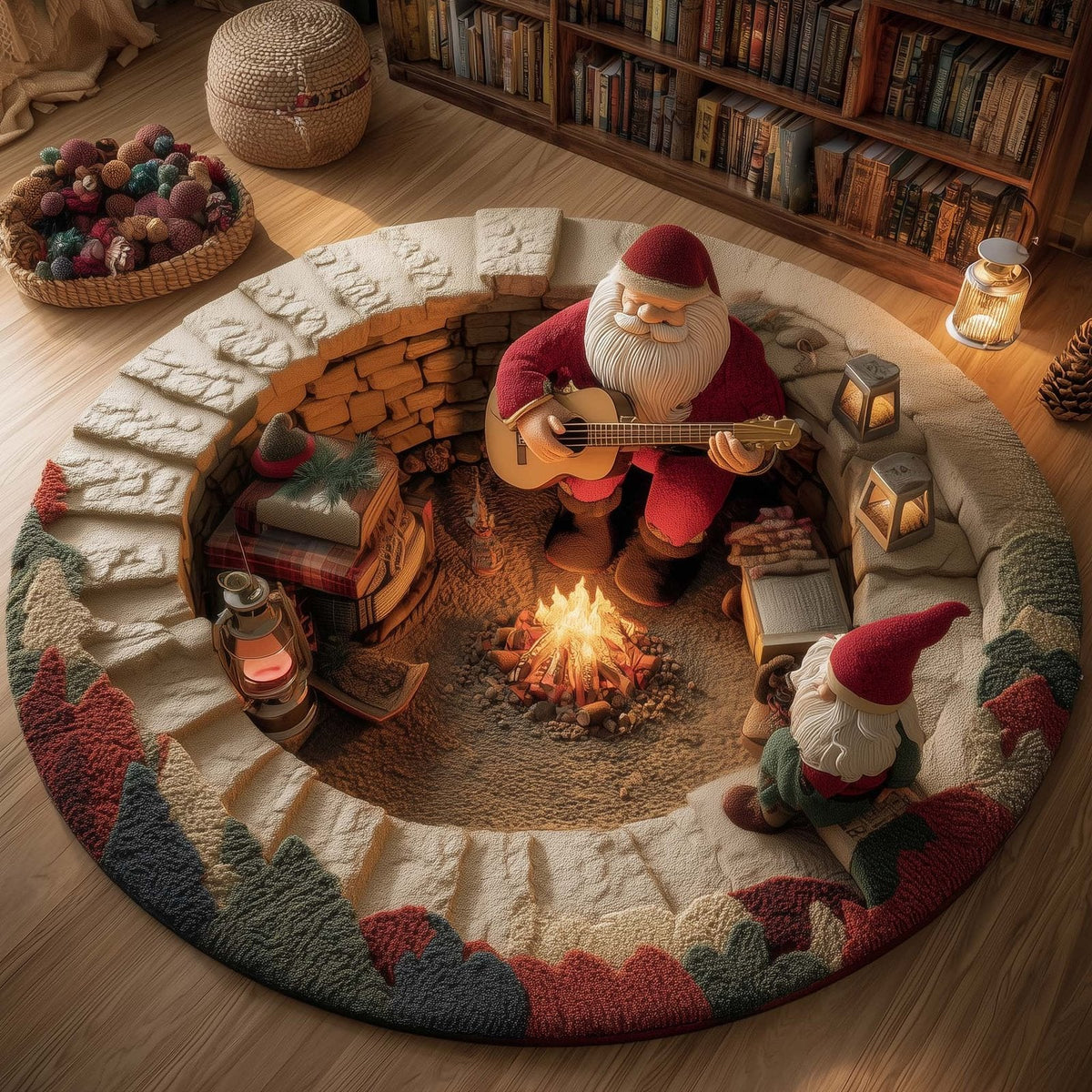Yuletide Fireside Christmas Round Mat Rug - Non-Slip Washable Round Area Rug for Bedroom & Living Room (Design 6)