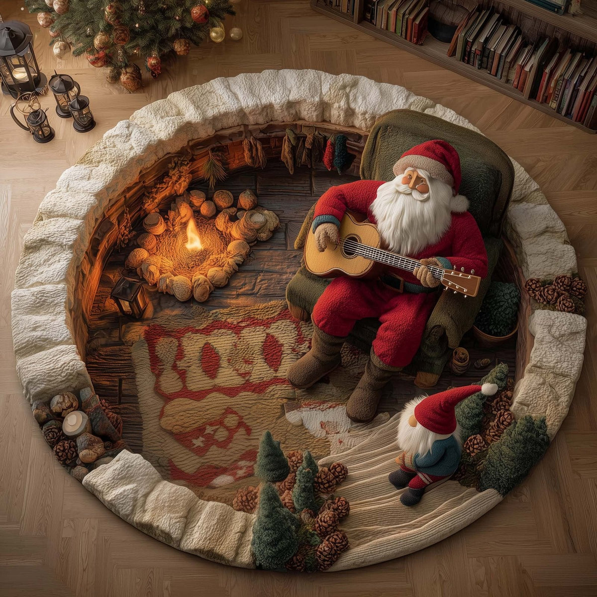 Yuletide Fireside Christmas Round Mat Rug - Non-Slip Washable Round Area Rug for Bedroom & Living Room (Design 4)