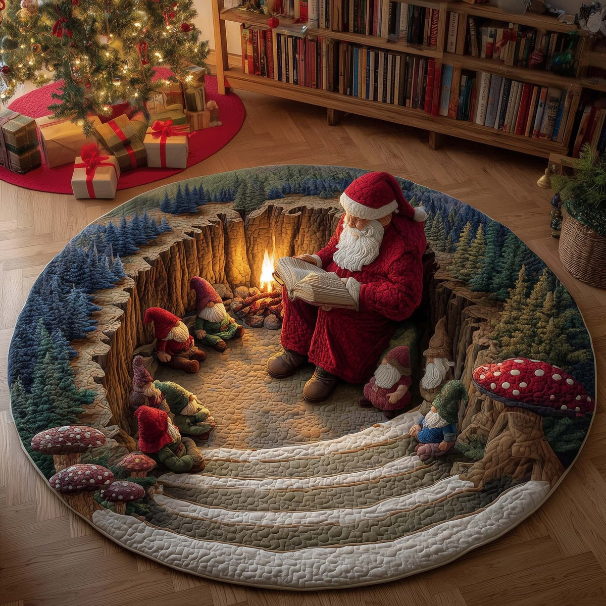 Yuletide Fireside Christmas Round Mat Rug - Non-Slip Washable Round Area Rug for Bedroom & Living Room (Design 12)