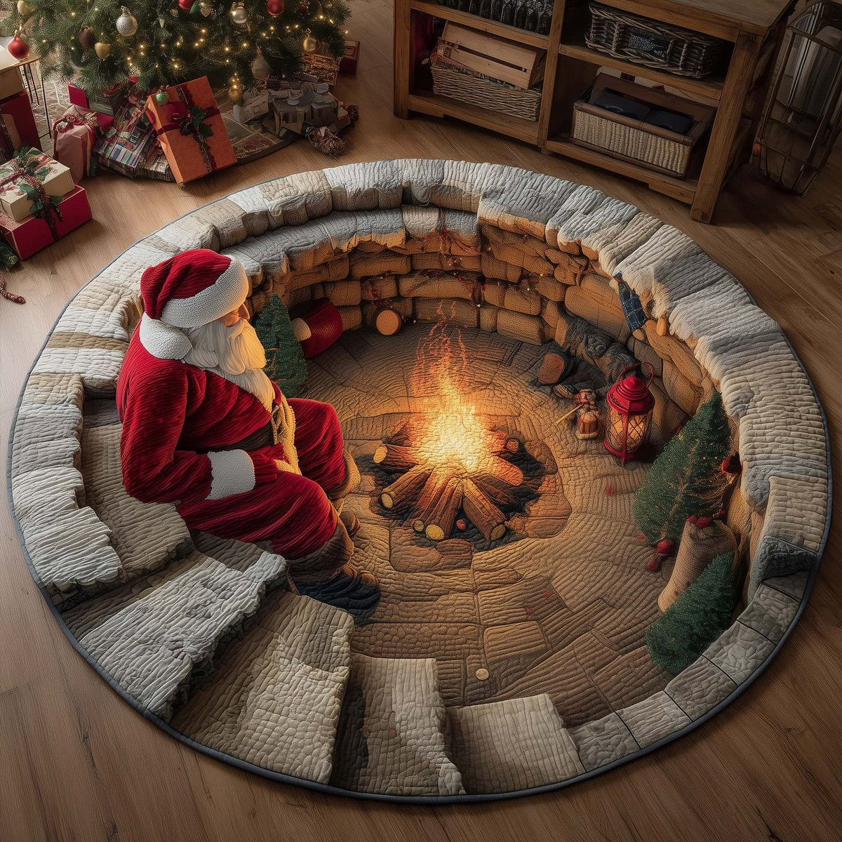 Yuletide Fireside Christmas Round Mat Rug - Non-Slip Washable Round Area Rug for Bedroom & Living Room (Design 13)