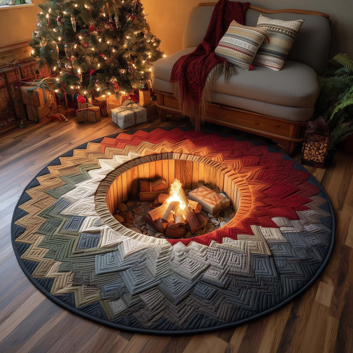 Yuletide Fireside Christmas Round Mat Rug - Non-Slip Washable Round Area Rug for Bedroom & Living Room (Design 2)