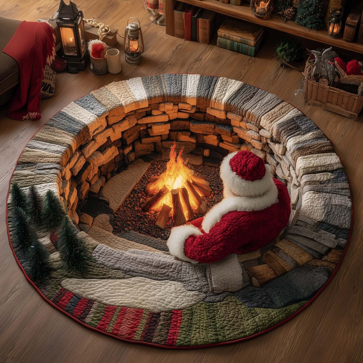 Yuletide Fireside Christmas Round Mat Rug - Non-Slip Washable Round Area Rug for Bedroom & Living Room (Design 10)