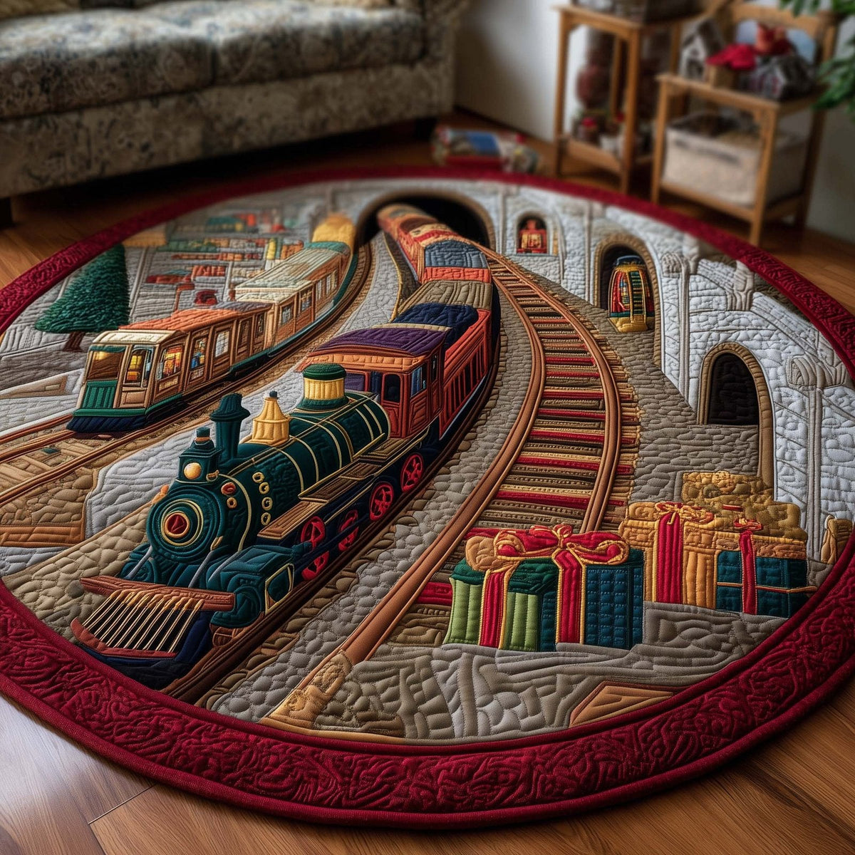 Yuletide Railway Christmas Round Mat Rug - Non-Slip Washable Round Area Rug for Bedroom & Living Room (Design 6)