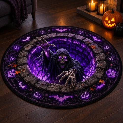 3D Halloween Skeleton Round Rugs, Gothic Skull, Spooky Haunted Well Decor, Horror Floor Mat