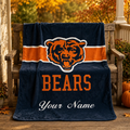 Personalized Chicago Football Bear Blanket, Custom Name Plush Throw Blanket, Orange Navy Sports Fan Gift