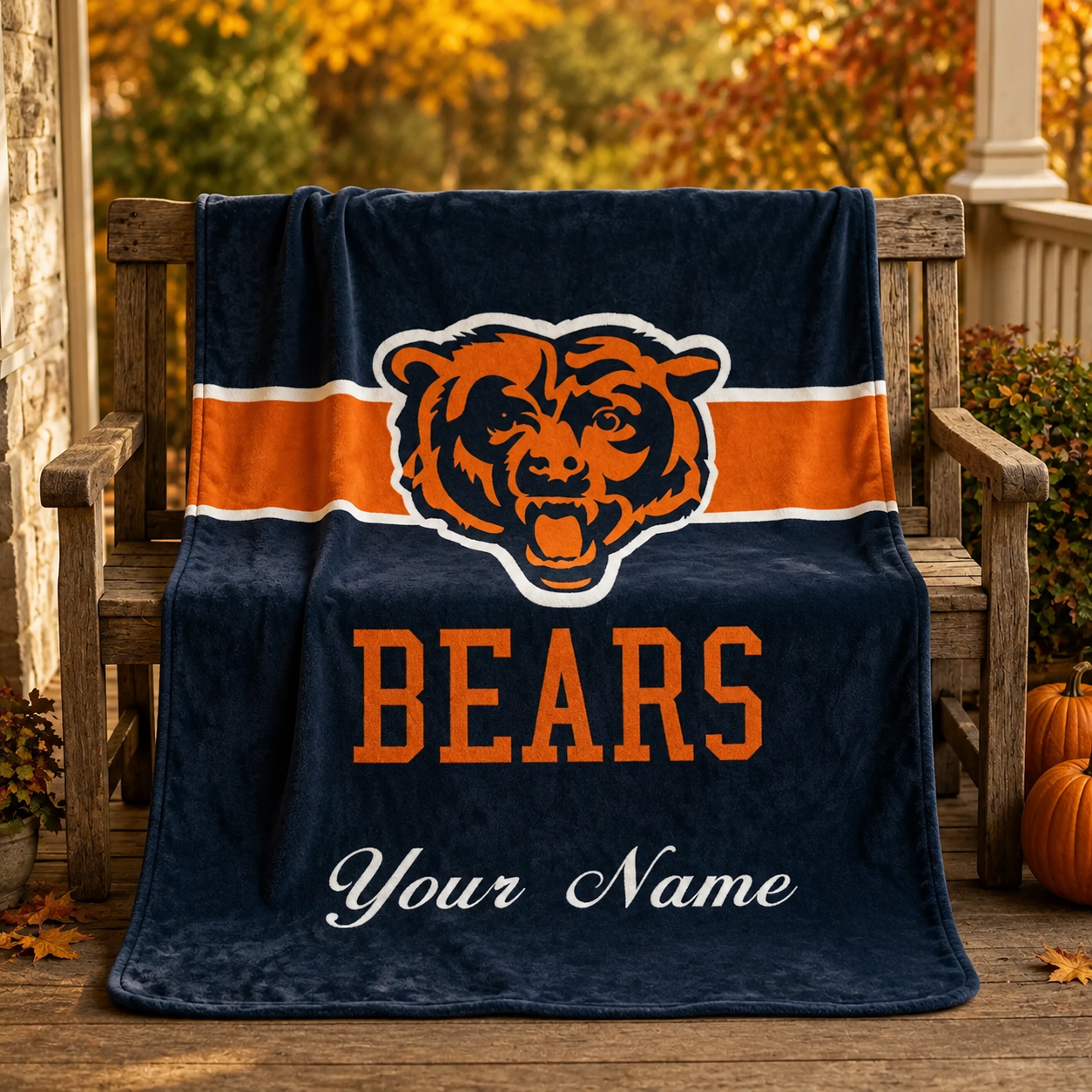 Personalized Chicago Football Bear Blanket, Custom Name Plush Throw Blanket, Orange Navy Sports Fan Gift