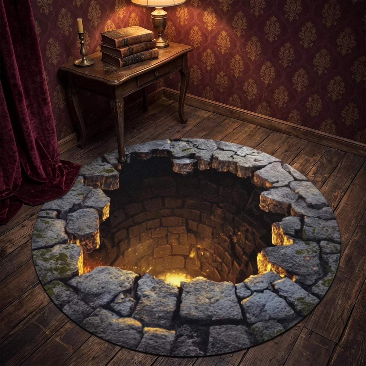 3D Stone Well Illusion Rug, Halloween Round Rug, Optical Illusion Carpet, Spooky Bottomless Pit Floor Mat, Gothic Home Decor Gift