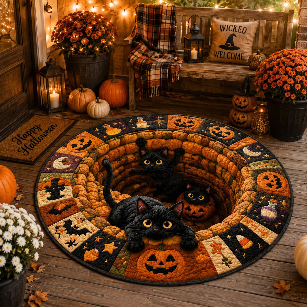 Black Cat Halloween Round Rug, 3D Illusion Quilted Pumpkin Cat Hole Floor Mat, Funny Spooky Black Cats Halloween Home Decor