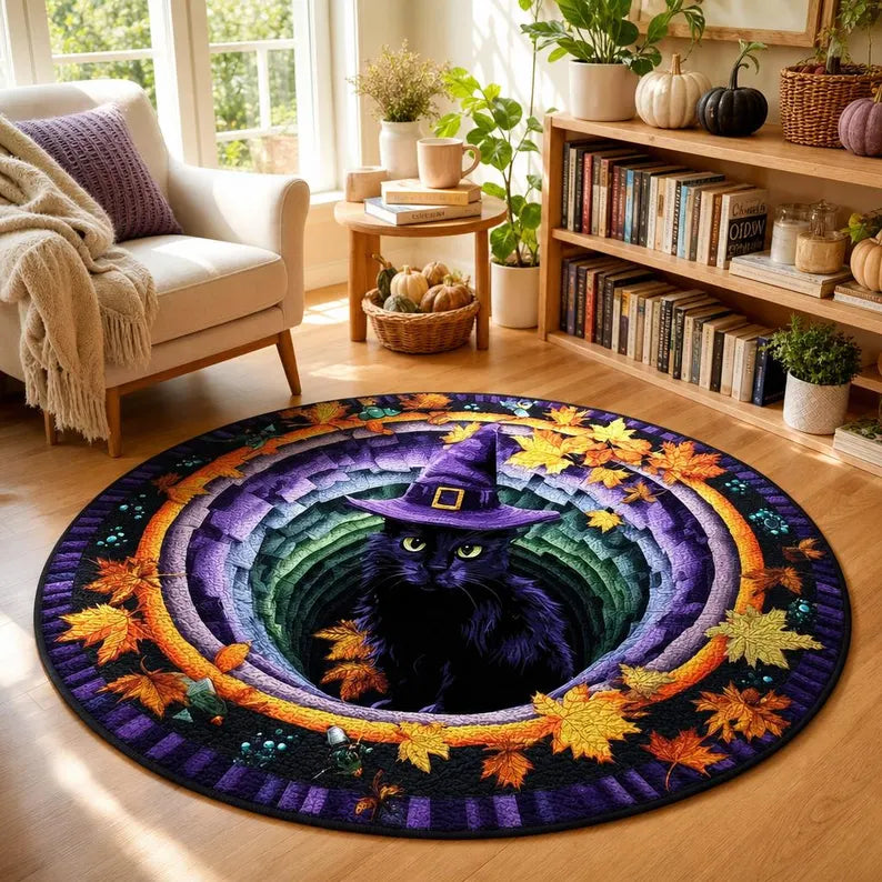 Halloween Black Witch Cat Circle Rug, 3D Vortex Illusion Round Rug, Fall Autumn Leaves Spooky Decor, Witchy Floor Carpet Gift for Halloween