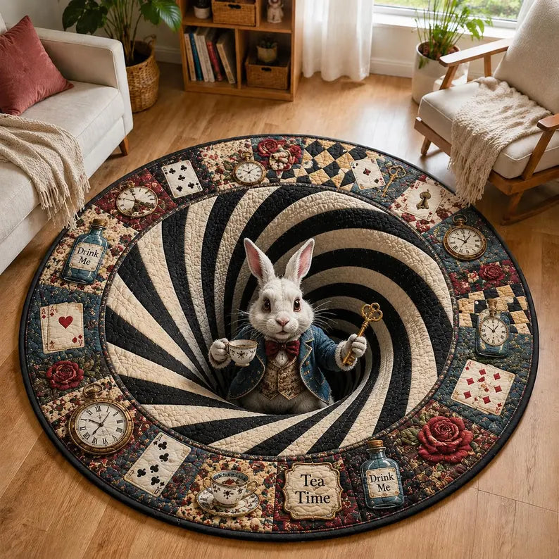 3D Rabbit Hole Optical Illusion Round Rug Vintage Tea Party Floor Mat Whimsical Bunny Vortex Carpet Fantasy Checkered Pit Living Room Decor