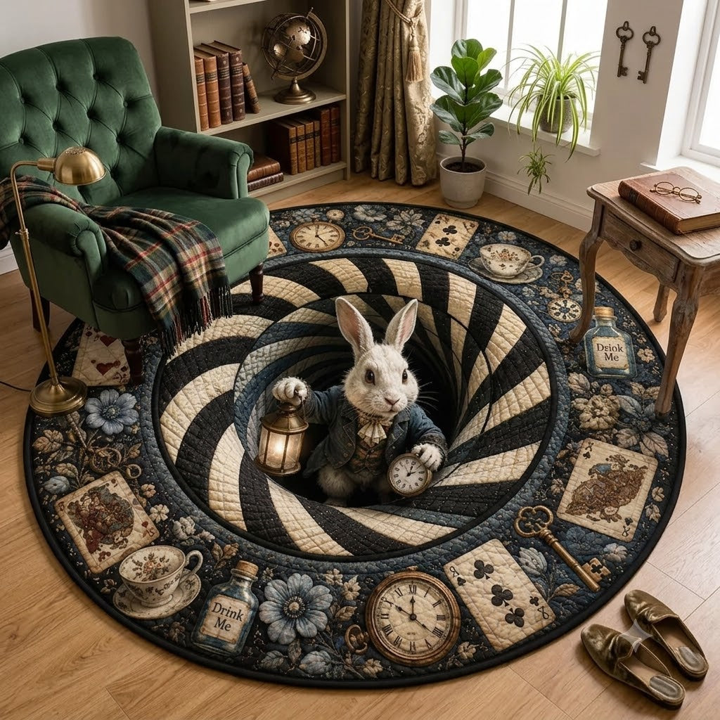 3D Rabbit Hole Optical Illusion Round Rug Vintage Tea Party Floor Mat Whimsical Bunny Vortex Carpet Fantasy Checkered Pit Living Room Decor