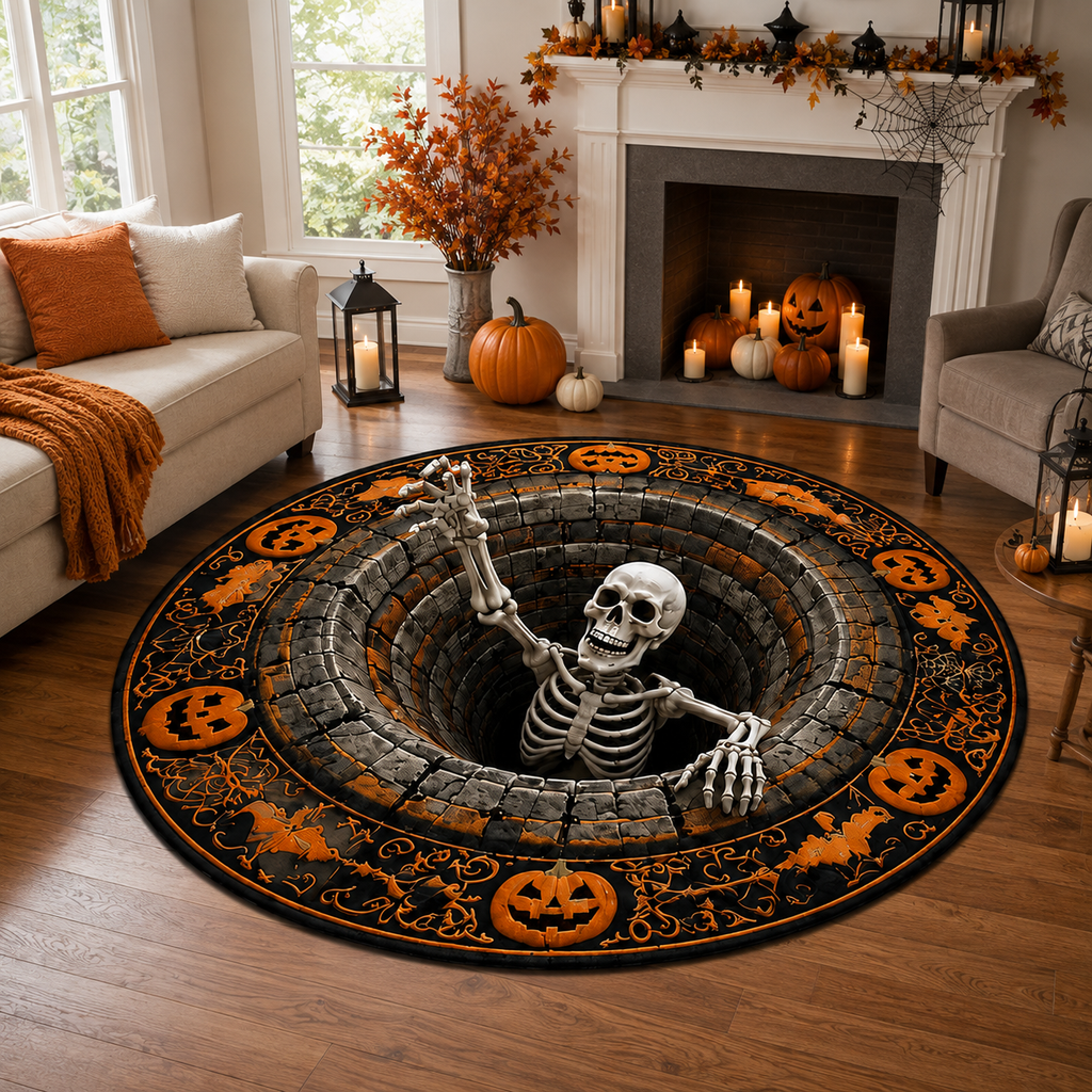 3D Skeleton Optical Illusion Round Rug Halloween Floor Mat Spooky Pumpkin Hole Carpet Scary Bottomless Pit Home Decor Halloween Party Rug