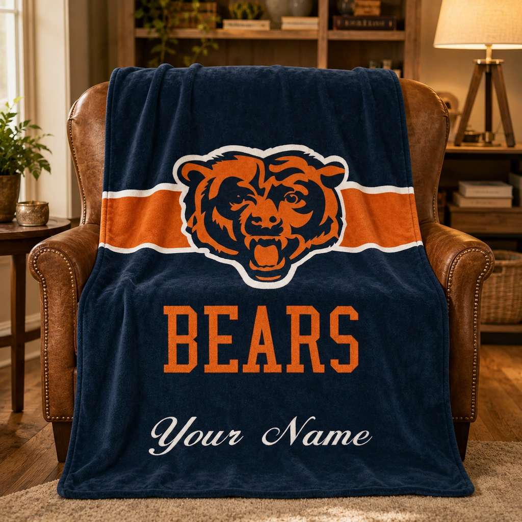 Personalized Chicago Football Bear Blanket, Custom Name Plush Throw Blanket, Orange Navy Sports Fan Gift