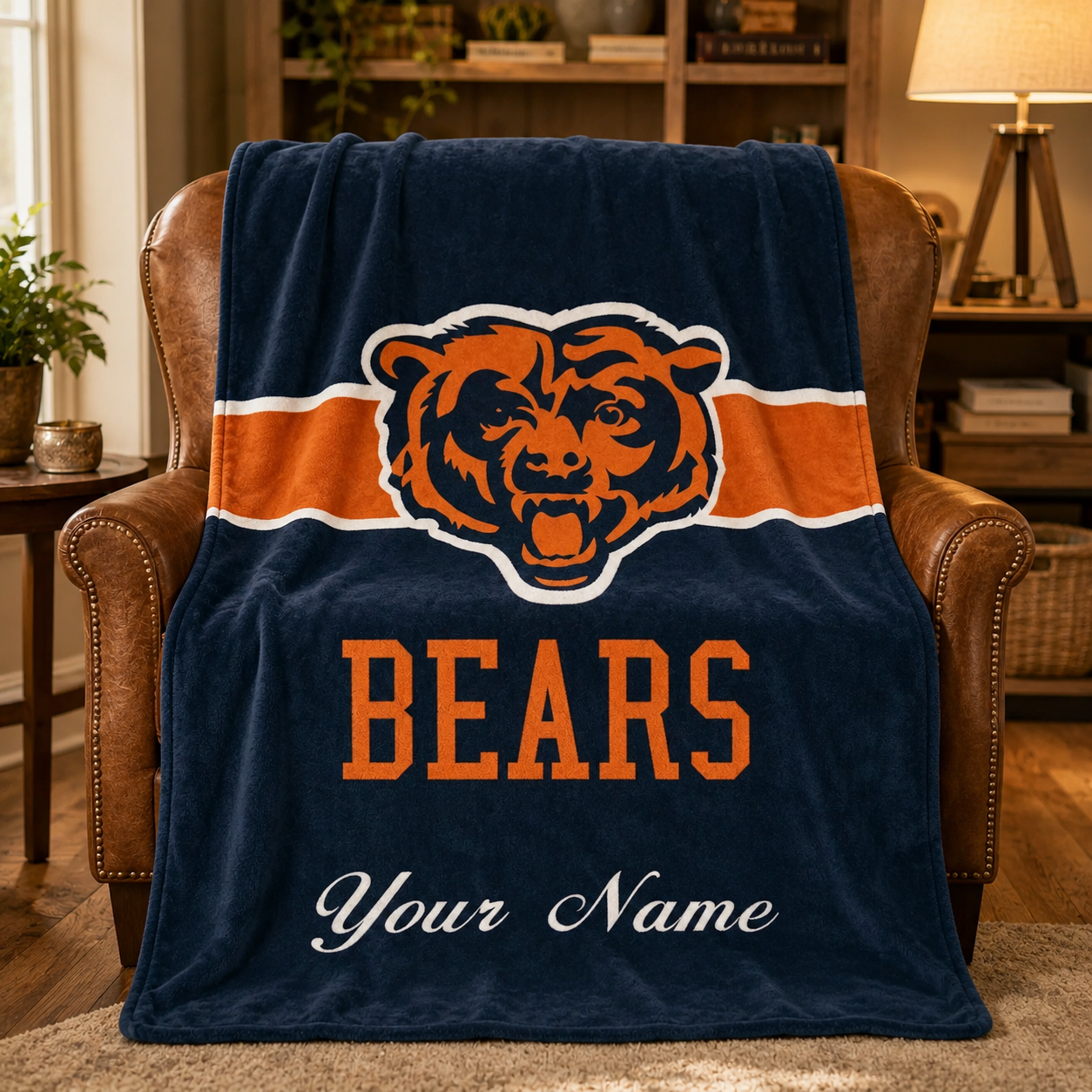 Personalized Chicago Football Bear Blanket, Custom Name Plush Throw Blanket, Orange Navy Sports Fan Gift