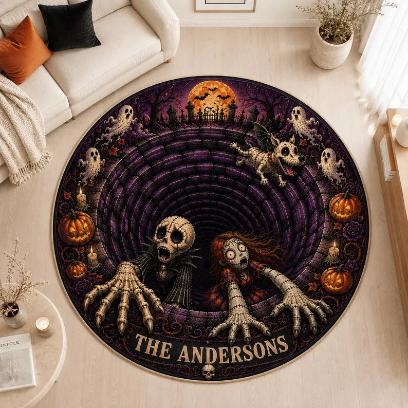 Personalized Halloween 3D Illusion Skeleton Rug, Custom Name Velvet Floormat