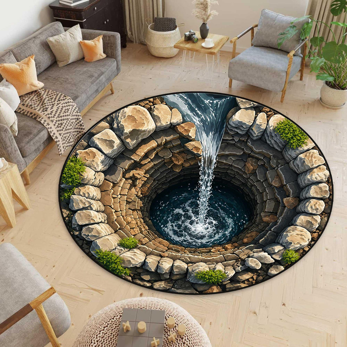 3D Stone Pit Hole Round Rug Optical Illusion Carpet Pool Hole Floor Mat Funny Novelty Rug Indoor Doorway Living Room Decor,printed rug