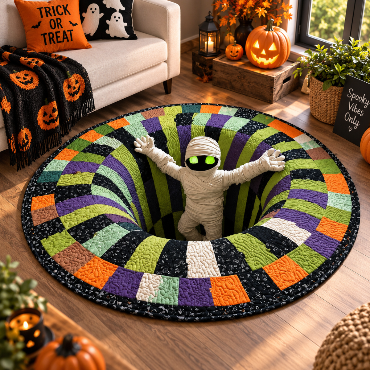 Mummy’s Out of the Pit 3D Quilted Carpet – Funny Halloween Illusion Round Rug, Spooky Mummy Floor Decor for Haunted Home & Party