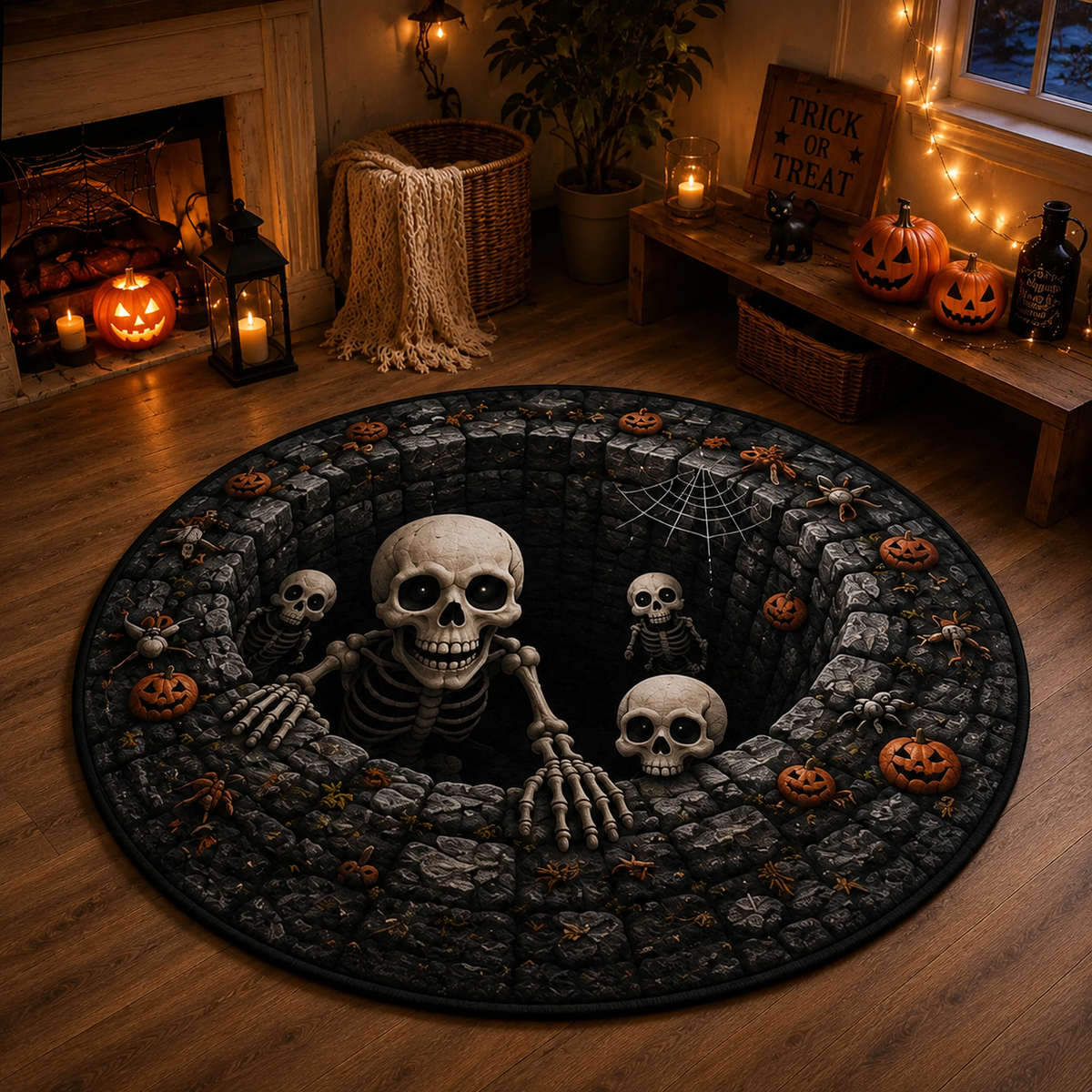 Dead Below 3D Skeleton Pit Quilted Carpet – Badass Halloween Horror Rug, Dark Gothic Home Decor